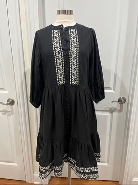 New! Talisman Cala Dress Black w/ Off White Embroidery Boho  **NO SASH**